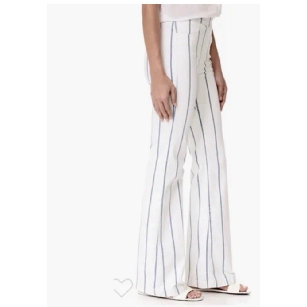 FRAME High Rise Flare Pants Medium White Blue Stripe Zip Side Stretch 26.5 x 32